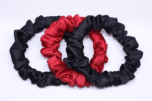 Image of Satin Scrunchies Hair Bands for Women | No-Damage Elastic Hair Ties for Ponytails & Buns | Fluffy & Stylish Rubber Bands | Free Size | Pack of 3 (Set of Black and Maroon Red Color)