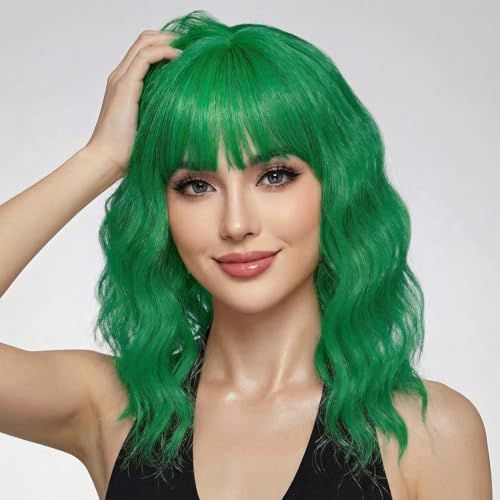 Image of Pastel Green Wavy Bob Wig for Women, Short Shoulder Length Synthetic Wig with Bangs, Natural Looking Lightweight Hairpiece for Gift & Cosplay Costume Party