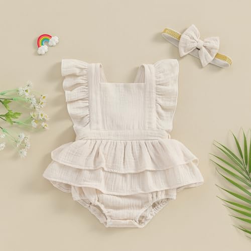 MERSARIPHY Newborn Baby Girl Summer Outfit Linen Ruffle Bubble Romper Dress One Piece Bodysuit Jumpsuit Infant Summer Clothes2