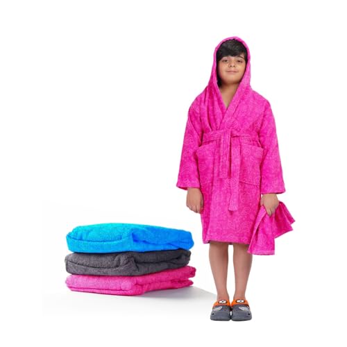 ALLEN & MATE 100% COTTON Hooded Kids Bathrobe – 380 GSM, Safety Certified, Soft Lightweight & Absorbent Robe for Boys & Girls (10-11 Years, Pink Starfish)