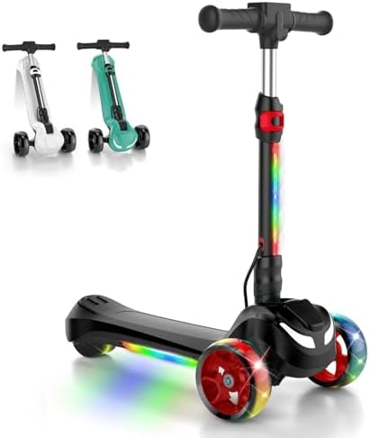 Electric Scooter for Kids Ages 3-12, 3-Wheel Electric Scooter, Electric Kick Scooter with 2 Speed, Long Battery Life, Bluetooth Music, LED Wheels, Gift for Kids (2-Speed & Bluetooth, Black)