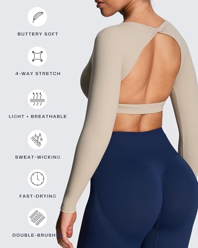 Image of Aoxjox Women's Define Sculpt Long Sleeve Crop Tops | buttery soft fabric,curved hem,hollow back, low support, removable pads, workouts,yoga,gym, daily wear
