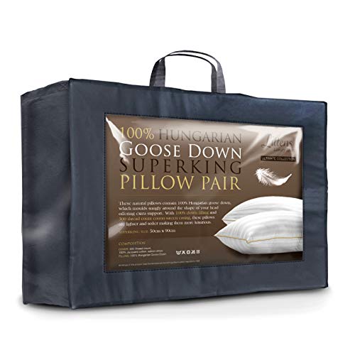 Littens Luxury Ultimate Collection Super King Goose Down Pillows (Pair) 50 x 90 cm, 100% Hungarian Goose Down, 300TC Cotton Jacquard Casing, Down Proof, Gold Piping