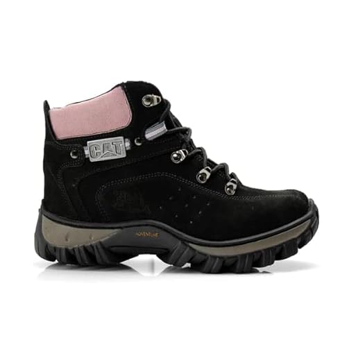 Bota Coturno Cat Unissex Adventure Couro Legítimo Palmilhas Gel (37, Preto/Rosa)