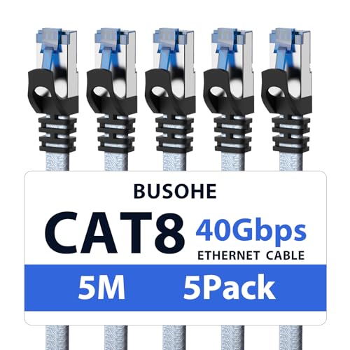 BUSOHE Cat 8 LAN Kabel 5m (5-Stück) 40Gbps 2000MHz Ethernet Kabel Netzwerkkabel Flach Hochgeschwindigkeits Gigabit RJ45 Patchkabel Geflochtener Internet Kabel Kompatibel mit PC Router Modem