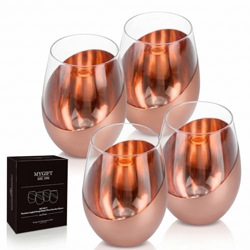 MyGift Stemless Wine Glasses Set of 4 - Copper Accent Modern Barware, Elegant Wedding & Celebration Cups with Luxe Metallic Finish, Dishwasher Safe