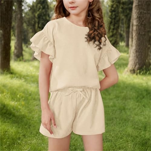 Girls Summer Outfits 2 Piece Solid Color Sets Ruffle Sleeve Top and Elastic Waist Shorts Lightweight Casual Activewear2