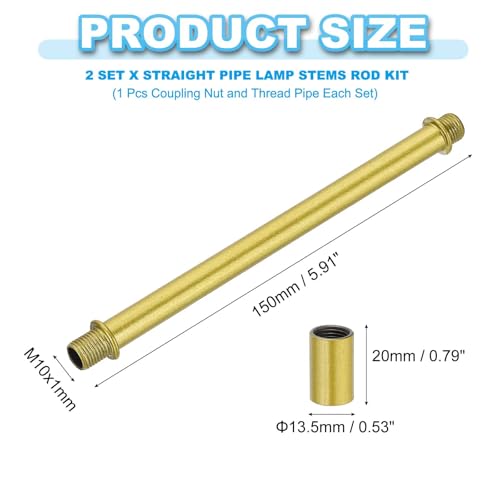 Image of PATIKIL Straight Pipe Lamp Stems Rod Kit, 2 Set M10 Carbon Steel 150mm(5.91 inch) Long Double End Thread Rod with Coupling Nuts Sleeve Connector for Table Lamps Chandeliers,Sand Gold