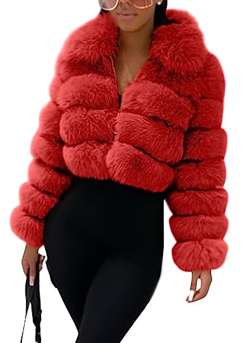 loveimgs Women Fluffy Faux Fur Coat Cropped Jacket Puffer Jacket Zip Up Winter Warm Fuzzy Teddy Jacket (Medium Red)