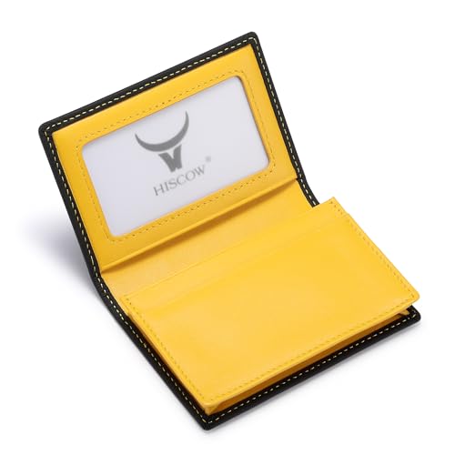 Image of HISCOW Full Grain Leather Business Card Holder Case | Minimalist EDC wallet, gusset holds 25 cards, ID window, fits folded bills, bifold profile, premium gifts for men & women