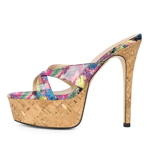 Image of Esvowido Heeled Mules for Women Cork Platform Stiletto Heels Slip on Open Toe High Heeled Sandals Crisscross Slippers Pumps Shoes