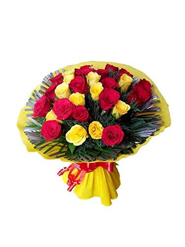 Floralbay Mother's Day Special Bunch of 12 Red & 12 Yellow Roses with Greenery in Yellow Paper Packing