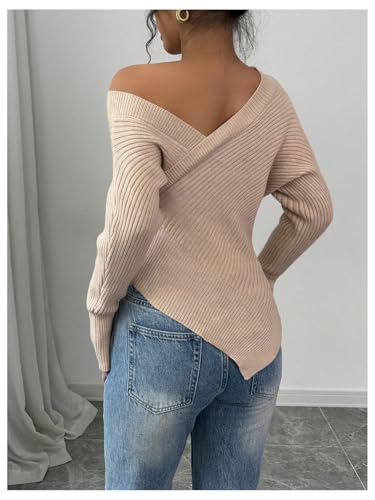 Women's Off Shoulder Ribbed Knit Wrap Sweater Long Sleeve Slim Fit Asymmetrical Pullovers Elegant Top2