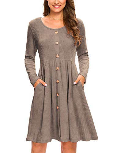LONGYUAN Women's Long Sleeve Casual Waffle Knit Button Down Dress with Pockets L, Khahi Khaki