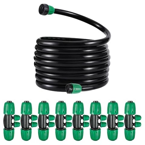 1/2” PVC Tubing Hose 33FT(10M),10 Pcs Barbed Tee 1/2 inch Tubing (1/2" ID x0.6-0.63" OD) 16mm to 1/4 inch Irrigation Tube Anti-Drop Quality Fitting (Fits 13mm ID / 4mm ID) Cover