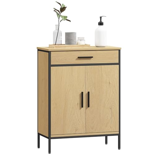 HOMCOM Meuble de Salle de Bain, Meuble de Rangement avec tiroir, Placard à Porte, étagère réglable et charnières à Fermeture, Armoire de Salle de Bain, Cuisine,...