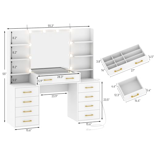 jiteentarou 55 in Glass Top Vanity Desk with Mirror and Lights, Large Vanity Makeup Mirror Desk with Charging Station Compartment Storage Drawers, Modern Makeup Vanity with 9 Drawers 6 Shelves, White