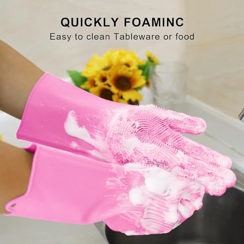 Image of KASHIVAL Silicone Dish Washing Gloves for Kitchen, Dishwashing, Pet Grooming, Car and Bathroom Cleaning (Pack of 2 Pairs, 4 Gloves)