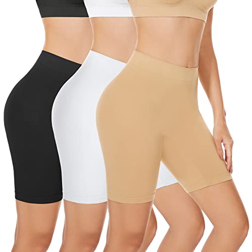 SIHOHAN 3 Pack Women Chub Rub Shorts Slip Shorts for Under Dresses Seamless Anti Chafing Underwear Boyshorts Panties Safety Long Briefs(Black+White+Beige,L)