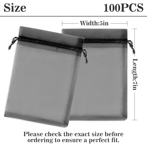 Image of Sukh Black Organza Bags 5''x7'' - 100pcs Sheer Mesh Drawstring Bags for Jewelry, Soap, Fruits, Candy, Small Gift Bags for Weddings, Valentine's Day, Mother's Day, Halloween, Thanksgiving, Christmas
