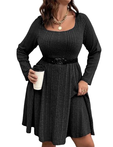 Image of Women's Plus Size Casual Sweater Dress Square Neck Long Lantern Sleeve Tie Waist Loose Pullover Sweater Dresses