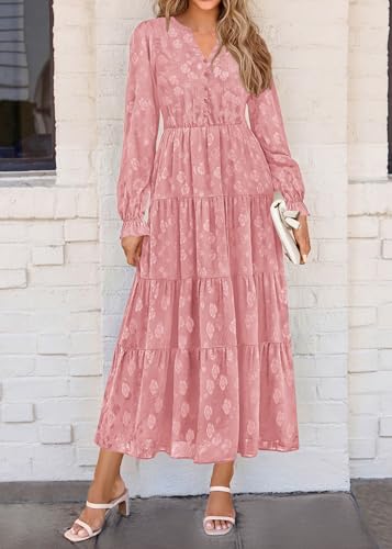 Image of KIRUNDO Spring Wedding Guest Dresses for Women 2026 Maxi Floral Long Sleeve Elegant Ruffle Tiered Flowy Party Long Dress