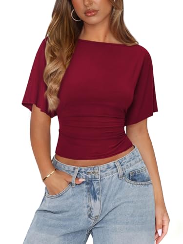 MIYIEONZ Womens Boat Neck Batwing Tops Cinched Waist Top Tie Back Short Sleeve Shirts Business Clothing Medium Wine Red