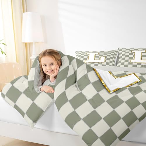 Image of Erosebridal Sage Green Checkered Bedding Set Twin Plaid Initial L Comforter Set for Kids Adults Personalized Monogram Down Comforter,Fashion Grids Gingham Quilt Duvet