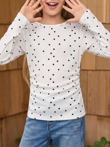 Image of Haloumoning Girls Long Sleeve Shirts Crewneck Ruched Side Slim Fit Tops Ribbed Knit Casual Tee Shirt 4-15 Years