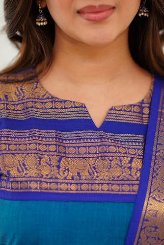 Image of TWINLIGHT Women's Kanchi Cotton Elephant Jaquard Work Kurta and Dupatta Set | V Neck 3 /4 Sleeves Straight Calf Length Kurti with Jaquard Border Work Dupatta | Kurti Set for Women