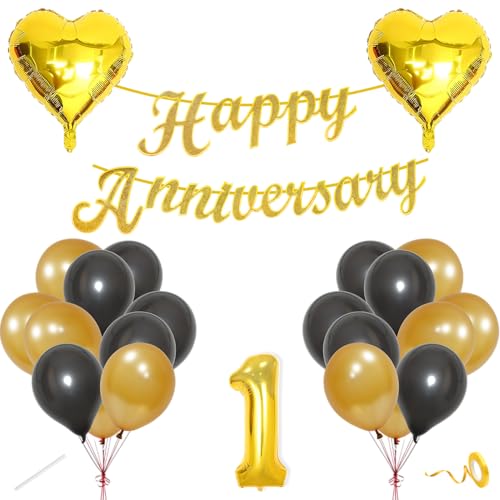 Image of Flyloons 1st Happy Anniversary Decoration Items Gold Black for Men Women Husband Wife Mom Dad Parent Couple Home Bedroom Car With 20 Pcs Metallic Balloons Anniversary Banner 2 Pcs Heart Set Kit Golden