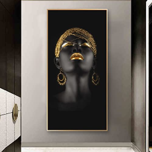 Tableau Fille Africaine avec coiffe dorée, œuvre artistique élégante.