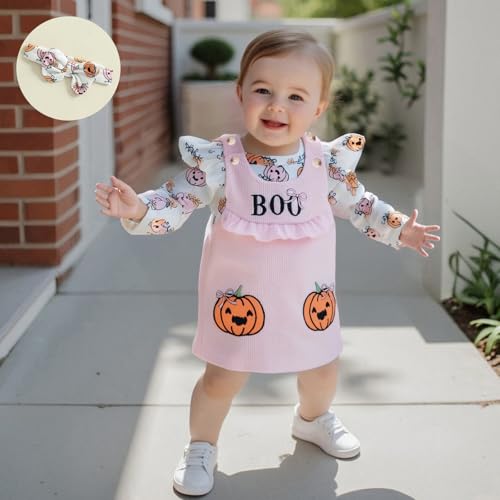 Kupretty Newborn Baby Girl Halloween Outfit Pumpkin Long Sleeve Romper Corduroy Suspender Skirt Headband Overall Dress Set2