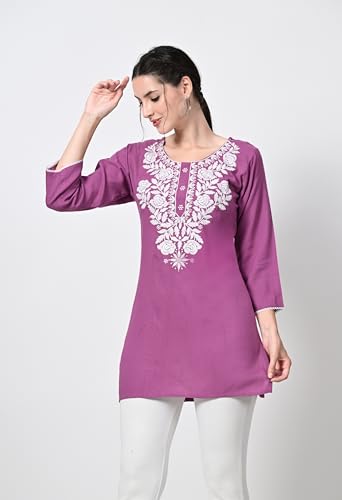 Image of LIBOZA Kurti for Women - Short Chikankari Kurtis for Girls, Lakhnawi Tunic Top Kurta Design for Ladies, Woman Ethnic Kurthis & Shirt with Sleeve