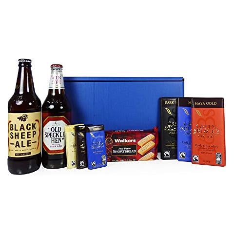 Gents Beer and Chocolate Survival Kit - Blue Box Hamper with 500ml Old Speckled Hen Ale, 500ml Black Sheep Ale, Green and Blacks Chocolates and Shortbread Cover
