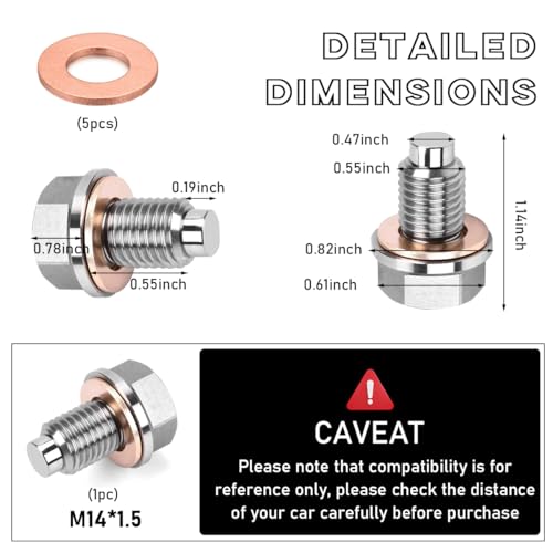 M14×1.5 Magnetic Oil Drain Plug, Aluminum Stainless Steel Sump Drain Nut Bolt with 5 Copper Crush Washer, Universal Leak-proof Replacement Car Accessories for Most Vehicles