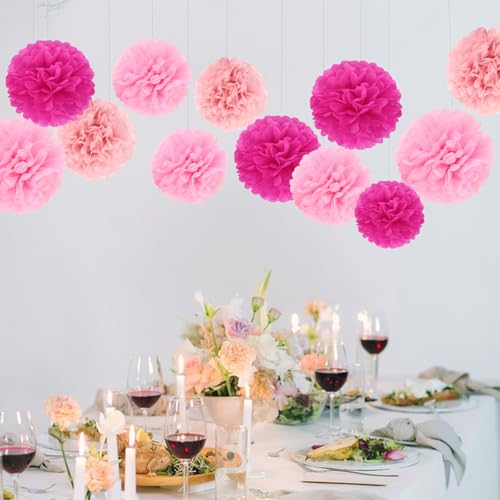 Image of BestoFun 16Pcs Party Decorations - Hot Pink Pom Poms, Paper Flowers for Wedding, Birthday, Engagement Receptions & Bridal Shower