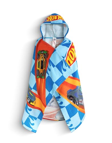 Image of Hot Wheels Race Track Boys Blue Poncho Towel | Hooded Beachwear with Multi-Car Graphics & Checkered Pattern | Poolside Cover-Up | After-Bath Towel for Kids Merch