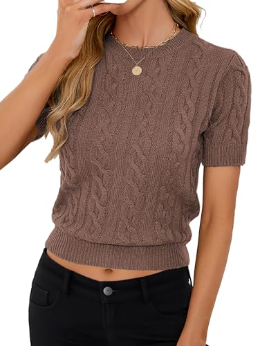 Image of Libsorge Womens Cropped Short Sleeve Sweater Fall 2025 Crewneck Sheer Knit Tops - Lightweight, Thin, Crop, Slim Fit