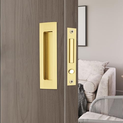 Manijas para puerta corrediza tipo bolsillo Dontay, acero inoxidable 304, sin cerradura, herraje empotrado con tirador de dedo y anillo desplegable (Satin Brass, juego de 1, 6 pulgadas)