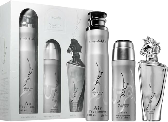 Lattafa Maahir Legacy for Men 3 Piece Gift Set (3.4 Fl Oz EDP + 6.67 Fl Oz Deo + 10.14 Fl Oz Air Freshener) - Image 2