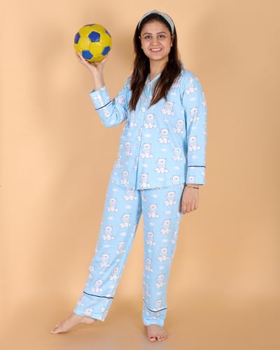 Image of The Mom Store Pajama Set for Women | Soft Cotton Breathable Nightwear for Comfortable Sleep | Stylish Elegant Sleep Suit & Lounge Wear for Womens | Everyday Nightsuit | Shirt Pyjama Set for Women