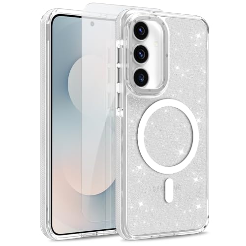 Image of Magnetic Case for Samsung Galaxy S25 FE 5G [Compatible with Magsafe] [Bling Glitter Fluorescent Design] [1 Screen Protector] Slim Translucent Matte Case for Galaxy S25 FE 5G 6.7 inch, White