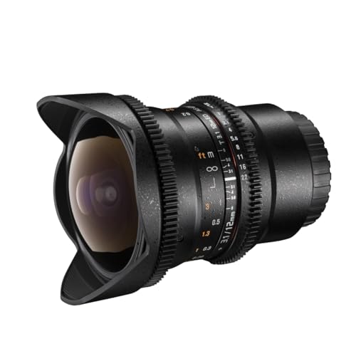 Walimex Pro 12mm 1:3,1 Fish-Eye VCSC für Canon EF Objektivbajonett schwarz (manueller Fokus, für Vollformat Sensor gerechnet, stufenlose Blendeneinstellung, mit abnehmbarer Gegenlichtblende)