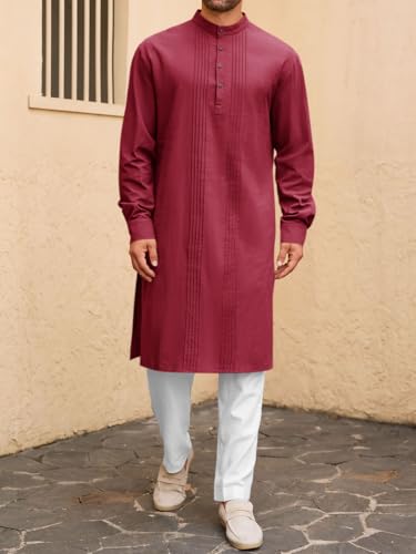 Image of Runcati Mens Kaftan Robe Button Down Long Sleeve Cotton Linen Thobe Casual Muslim Gown Henley Shirt