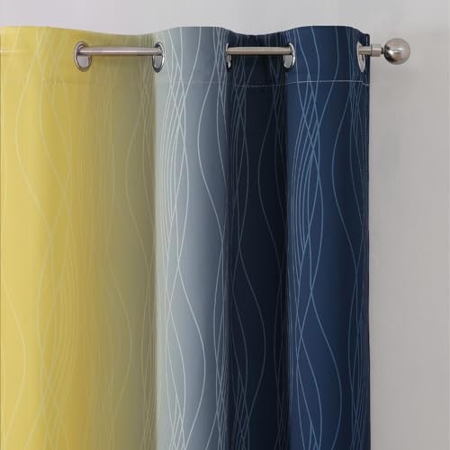 Estelar Textiler Navy Blue and Yellow Ombre Blackout Curtains 54 Inch Length 2 Panels, Full Room Darkening Gradient Drapes for Kitchen, Thermal Insulated Grommet Short Curtains for Bedroom,42Wx54L
