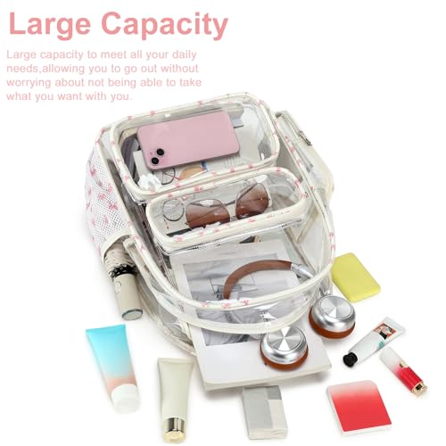 Image of BTOOP Clear Backpack Heavy Duty Transparent Backpack 17 inch See Through Bookbag for College Work Festival Security Padded Strap (pink bow floral)