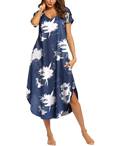 Image of Ekouaer Long Nightgowns for Women Short Sleeve House Dress with Pockets V Neck Sleepshirts Side Split Sleepwear S-4XL
