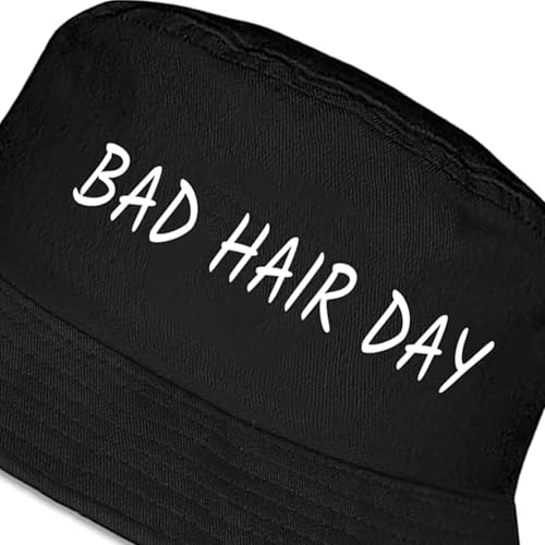 Fischerhut Lustig Schwarz “Bad Hair Day” Bucket Hat Anglerhut Sommerhut für Damen Herren Hut mit Spruch für Teenager Junge Mädchen