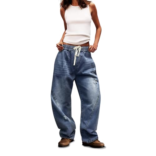 Womens Casual Summer Barrel Jeans for Women Trendy Mid Rise Barrel Pants Loose Boyfriend Jeans2